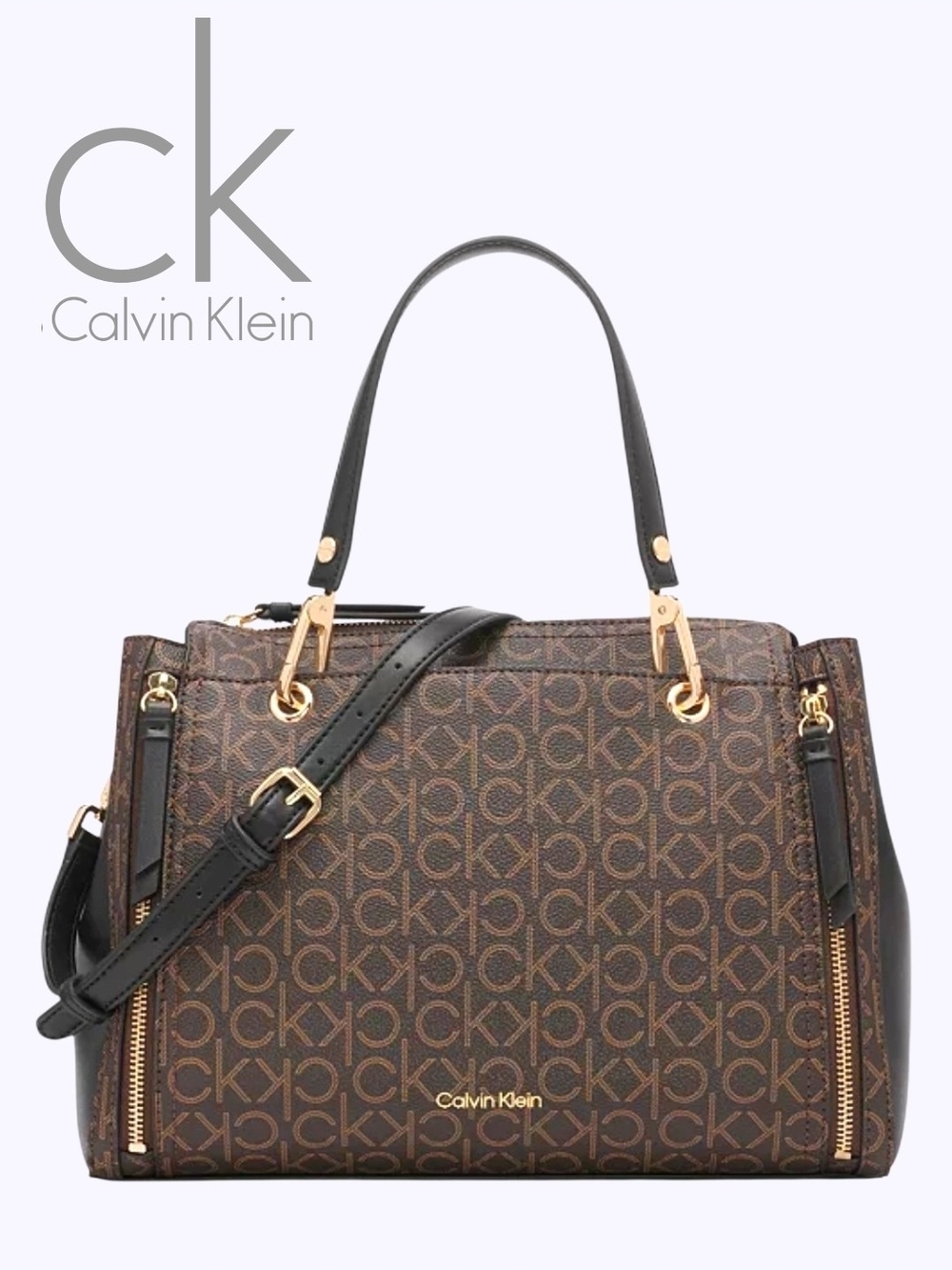 Calvin Klein Br & Gd Garnet Sig Triple Compart Top Zipper Crossbody Satchel NWT